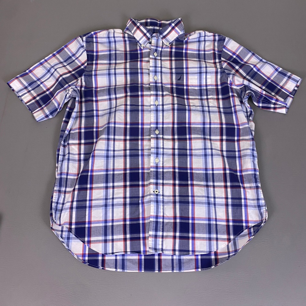 Nautica Button Down Shirt Men's Large Short Sleeve Plaid Blue Red Wrinkle Resist